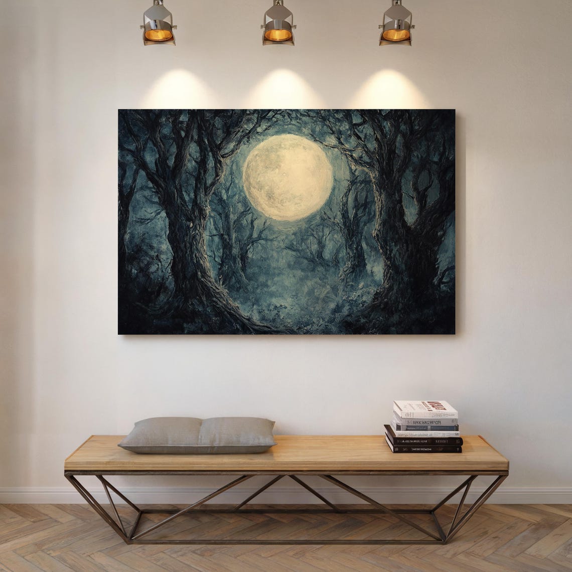 Full Moon Between Gnarled Trees Misty Night Forest Wall Poster - Image 7