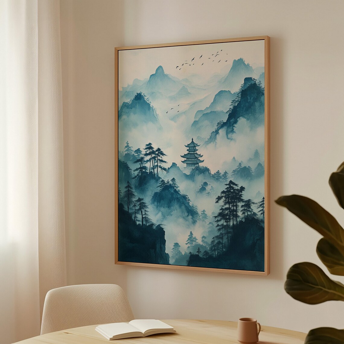 Blue Ink Mountain Pagoda Misty Pines Serene Asian Zen Poster