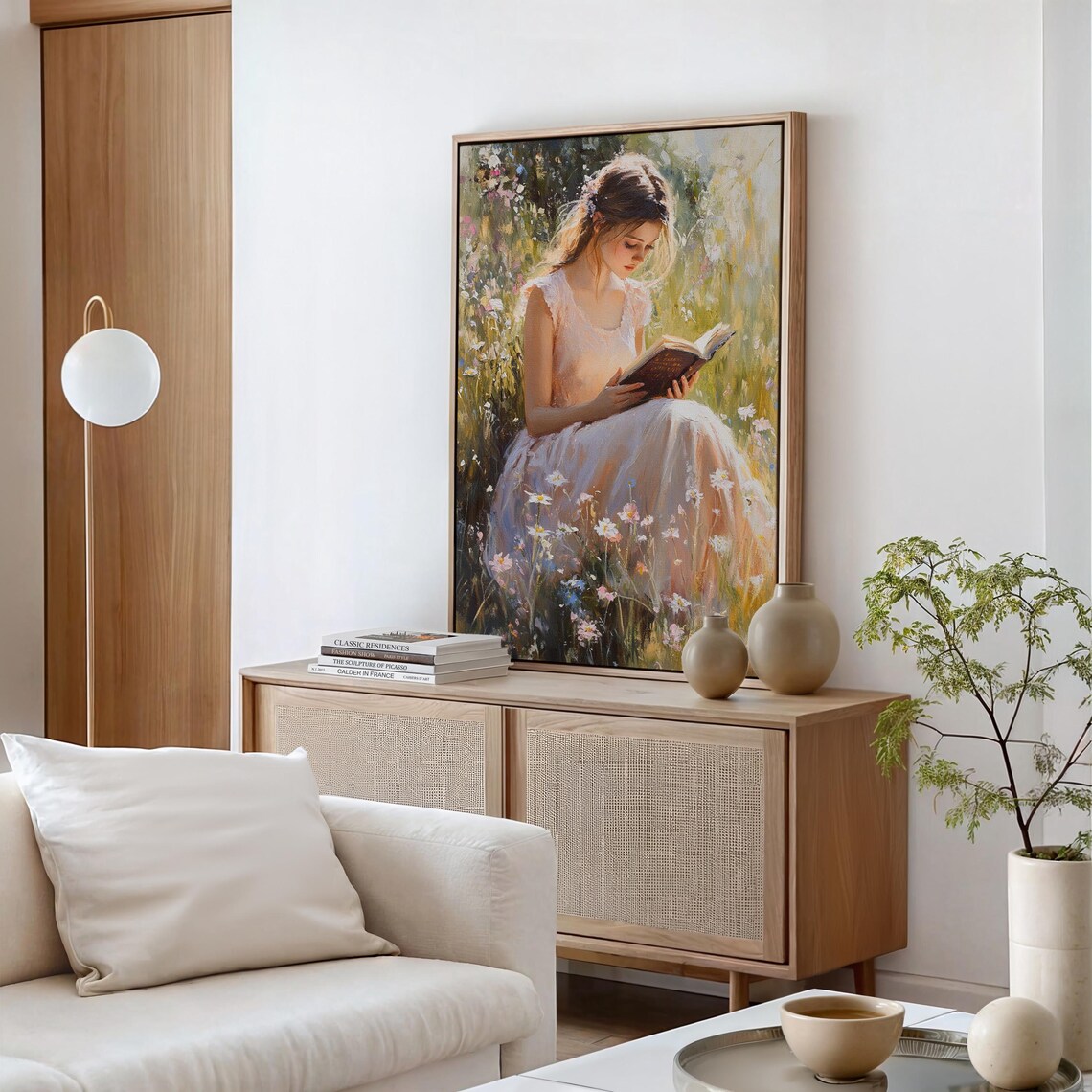 Girl Reading in Wildflower Field Pink Dress Romantic Book Art Print - Image 5