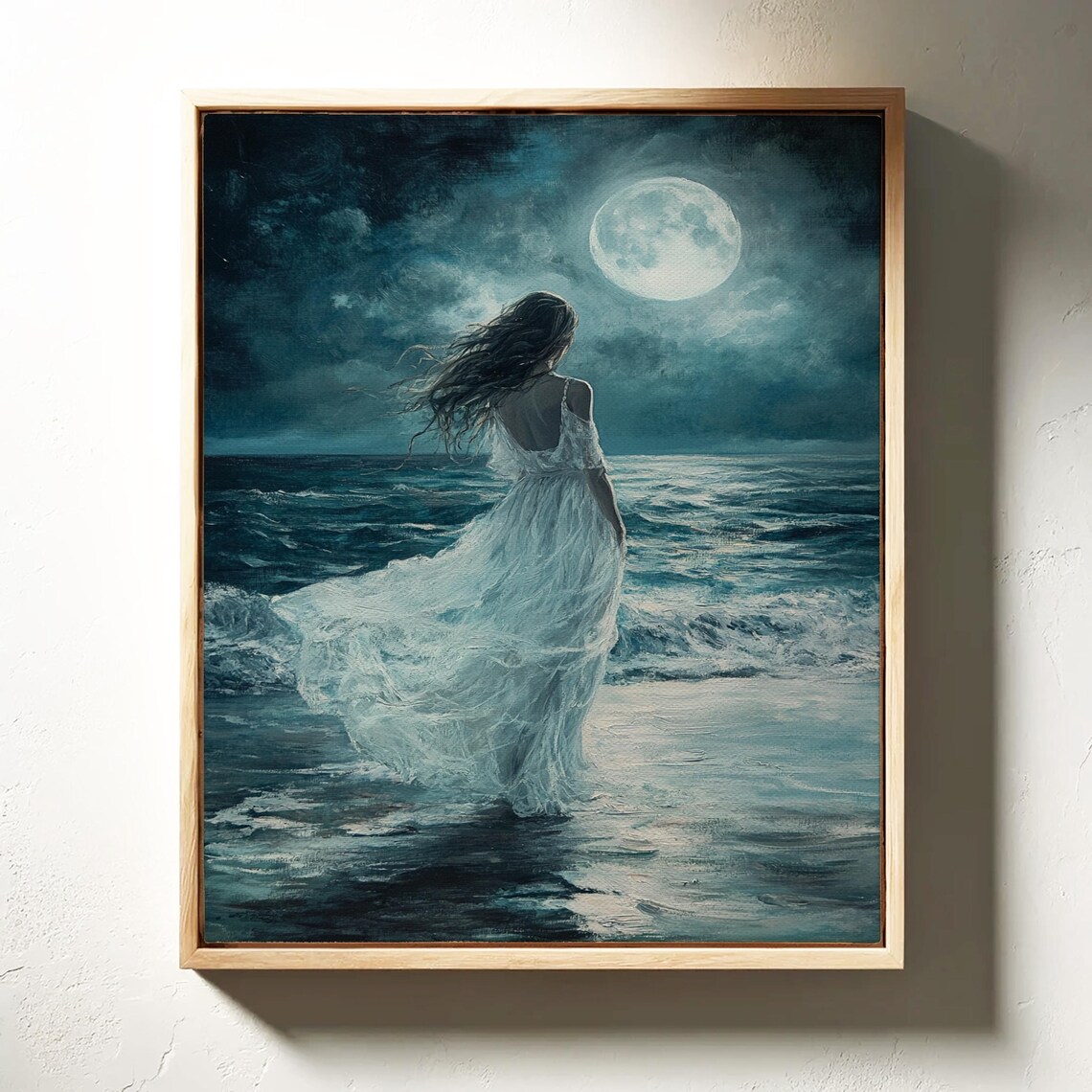 Woman Walking into Moonlit Ocean Ethereal Night Seascape Art Print - Image 6