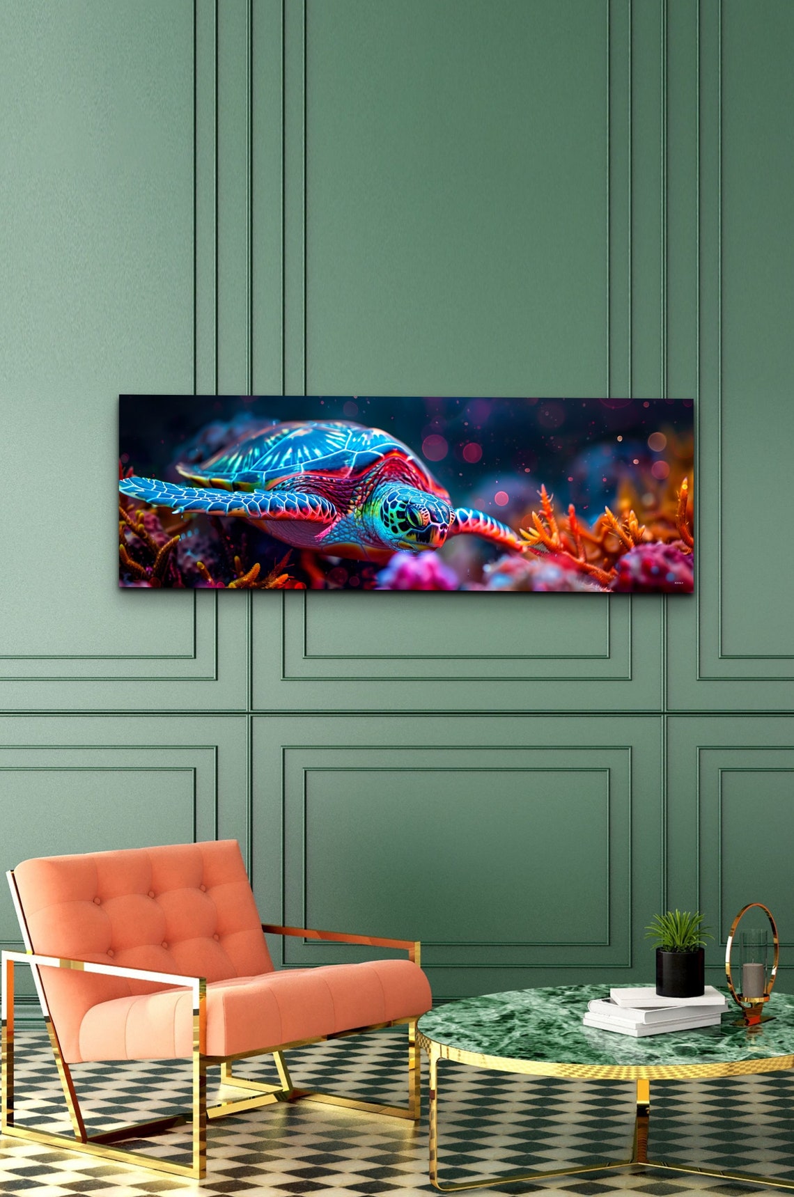 Sea Turtle Neon Glow Over Coral Panoramic Underwater Art Poster - Image 5