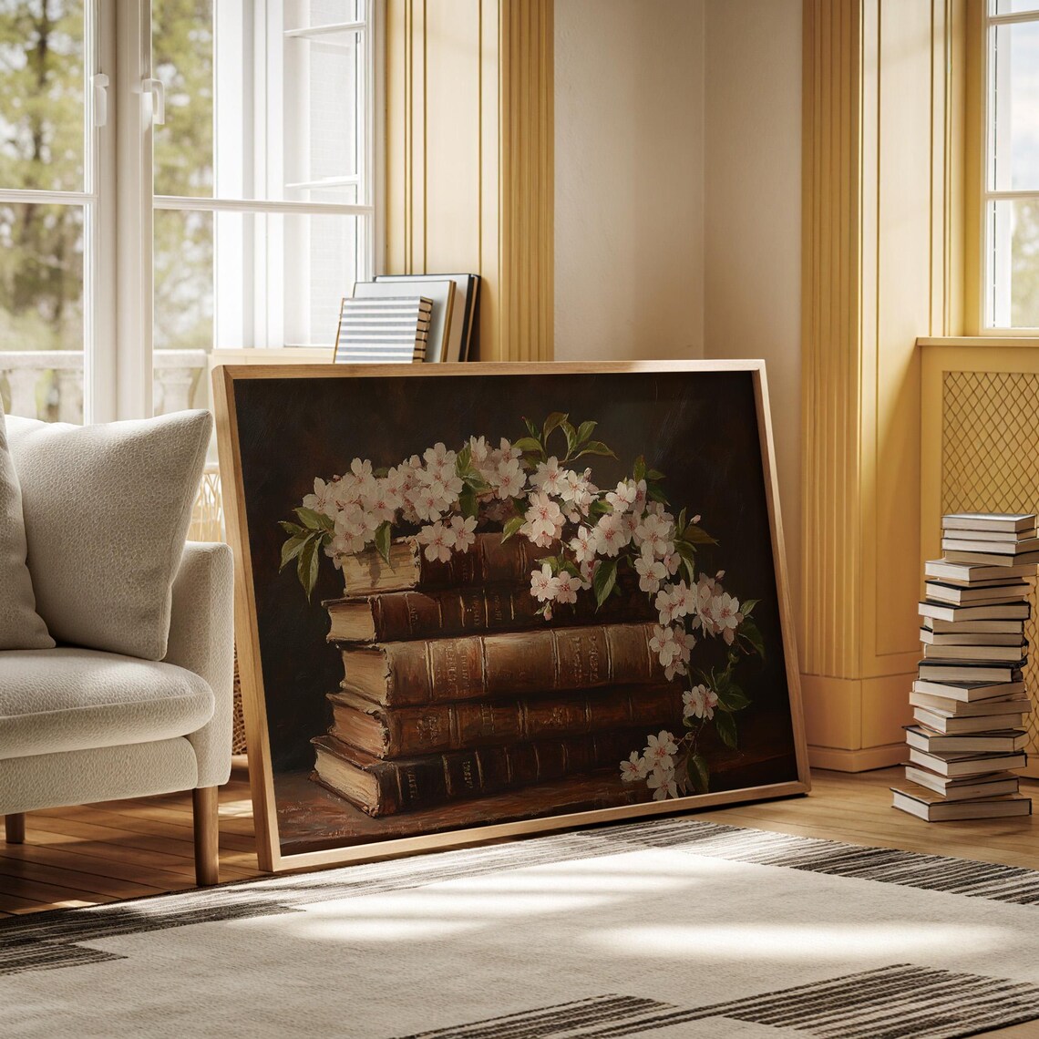 Antique Books White Blossoms Dark Vintage Floral Library Art Poster - Image 7