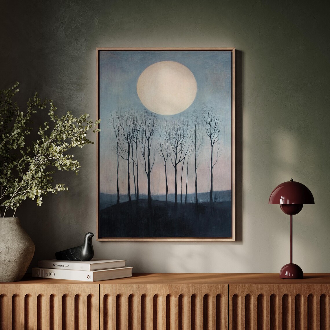 Minimalist Moonlit Forest Art Print, Evening Landscape