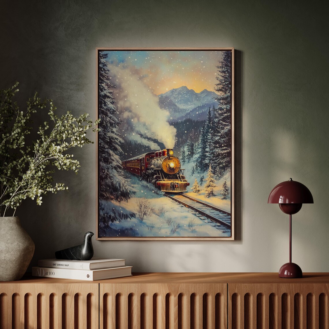 Snowy Winter Train Vintage Steam Engine Art