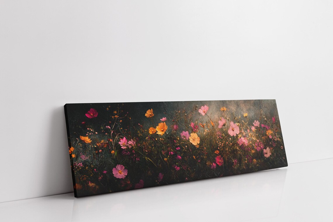 Dark Moody Wildflower Meadow Pink Blooms Night Floral Panoramic Poster - Image 5