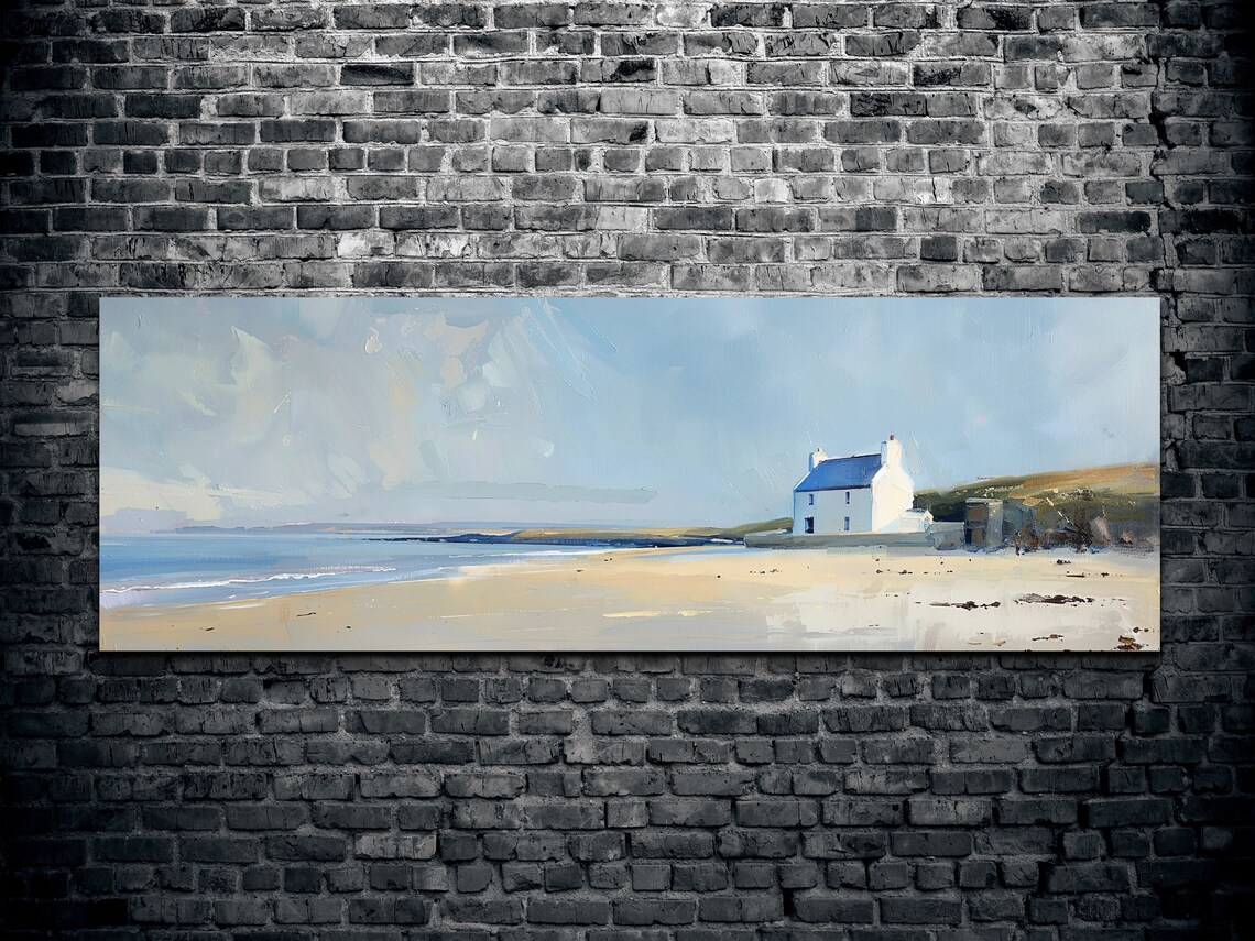 Coastal Beach House Sandy Shore Oil Painting Panoramic Art Poster - Image 2