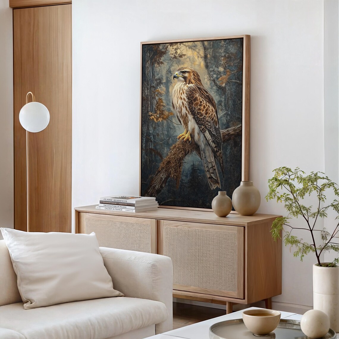 Hawk Perched on Branch in Misty Autumn Forest Wildlife Art Poster - Image 6
