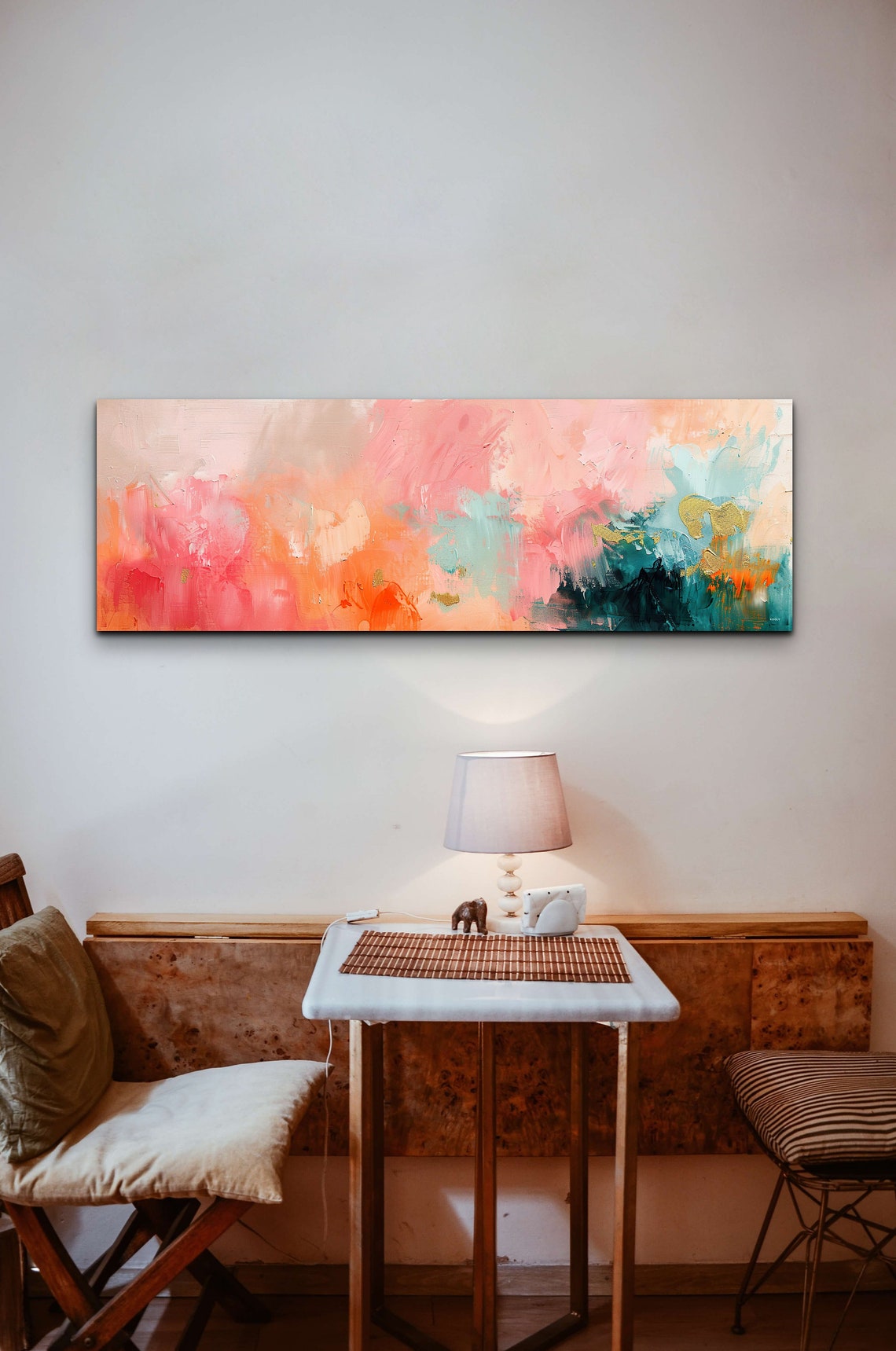 Pink Coral Teal Abstract Brushstroke Color Wash Panoramic Wall Art - Image 6