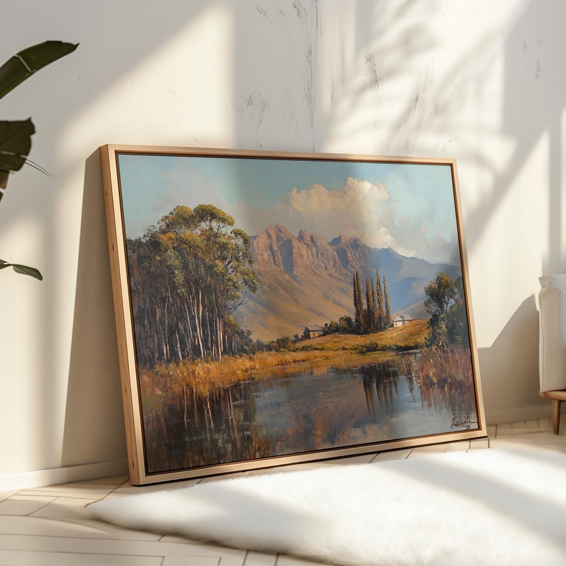 Tranquil Countryside River Landscape Canvas Mountain Cabin Reflections Wall Art Rustic Farm Scene With Poplar Trees