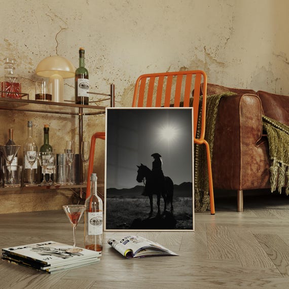 Cowgirl Silhouette Wall Art Western Horseback Photography In Black And White Desert Landscape