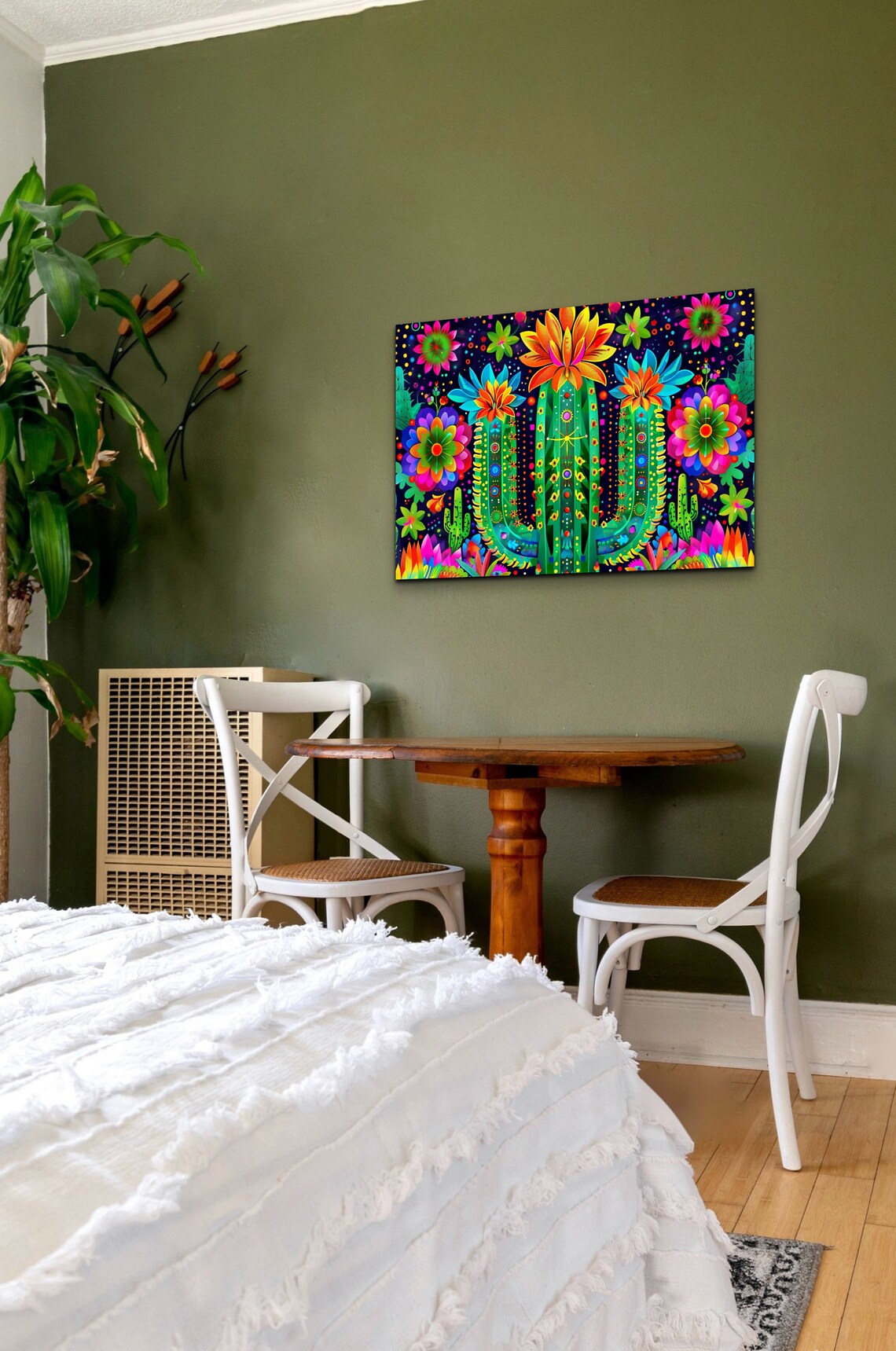 Neon Blooming Cactus Psychedelic Flowers Dark Background Wall Print - Image 6