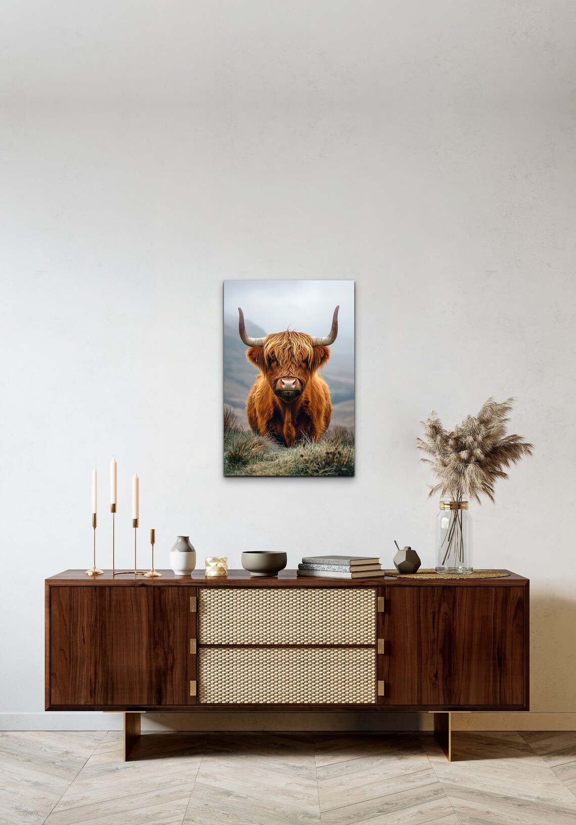 Highland Cow Shaggy Brown Portrait Misty Scottish Farm Wall Art - Image 3