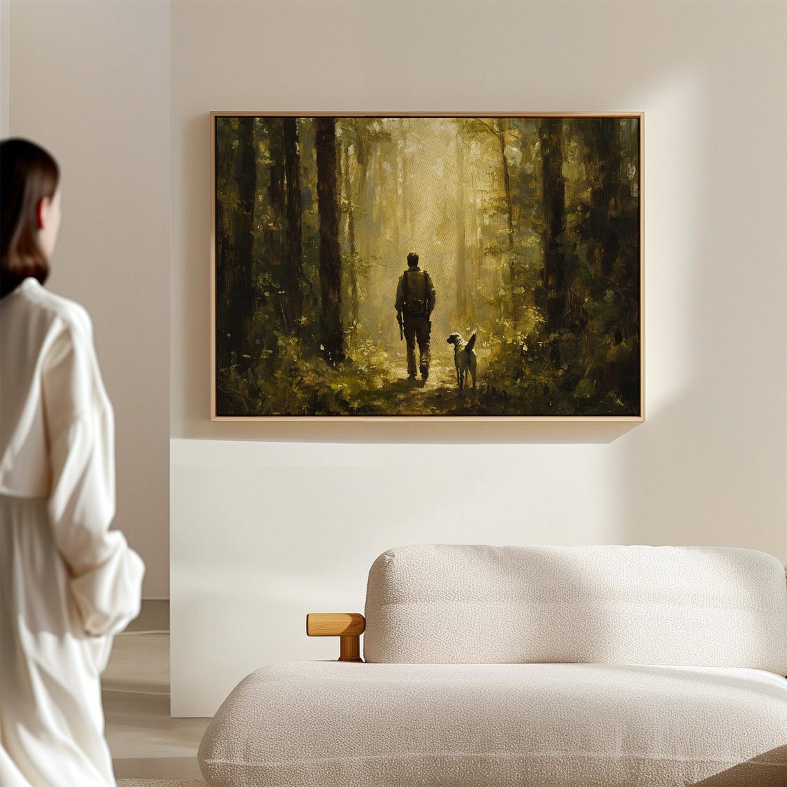 Man And Dog Walking Sunlit Forest Trail Adventure Painting Poster - Image 7