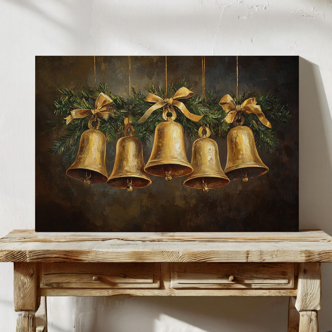 Golden Christmas Bells With Bows And Pine On Dark Vintage Wall Art - Image 6
