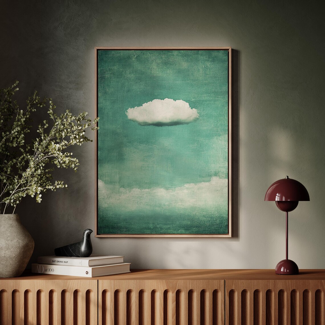 Minimalist White Cloud On Textured Green Sky - Image 3