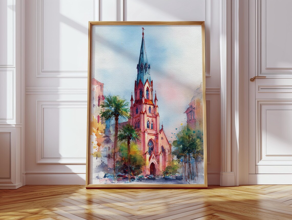 Pink Gothic Cathedral with Palm Trees Vibrant Watercolor Church Poster