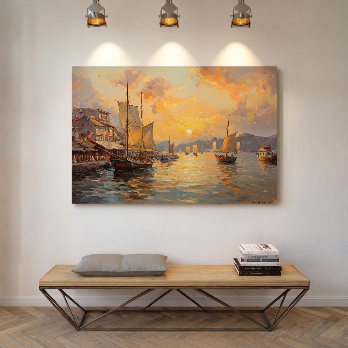 Sailboats Sunset Harbor Bustling Waterfront Vintage Scene Poster - Image 5