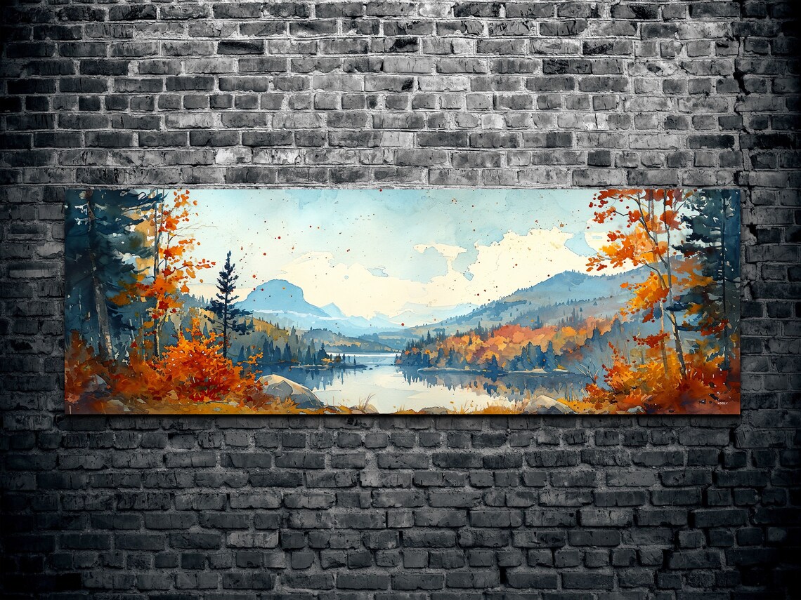 Autumn Valley Lake Watercolor Fall Foliage Panoramic Wall Art - Image 2