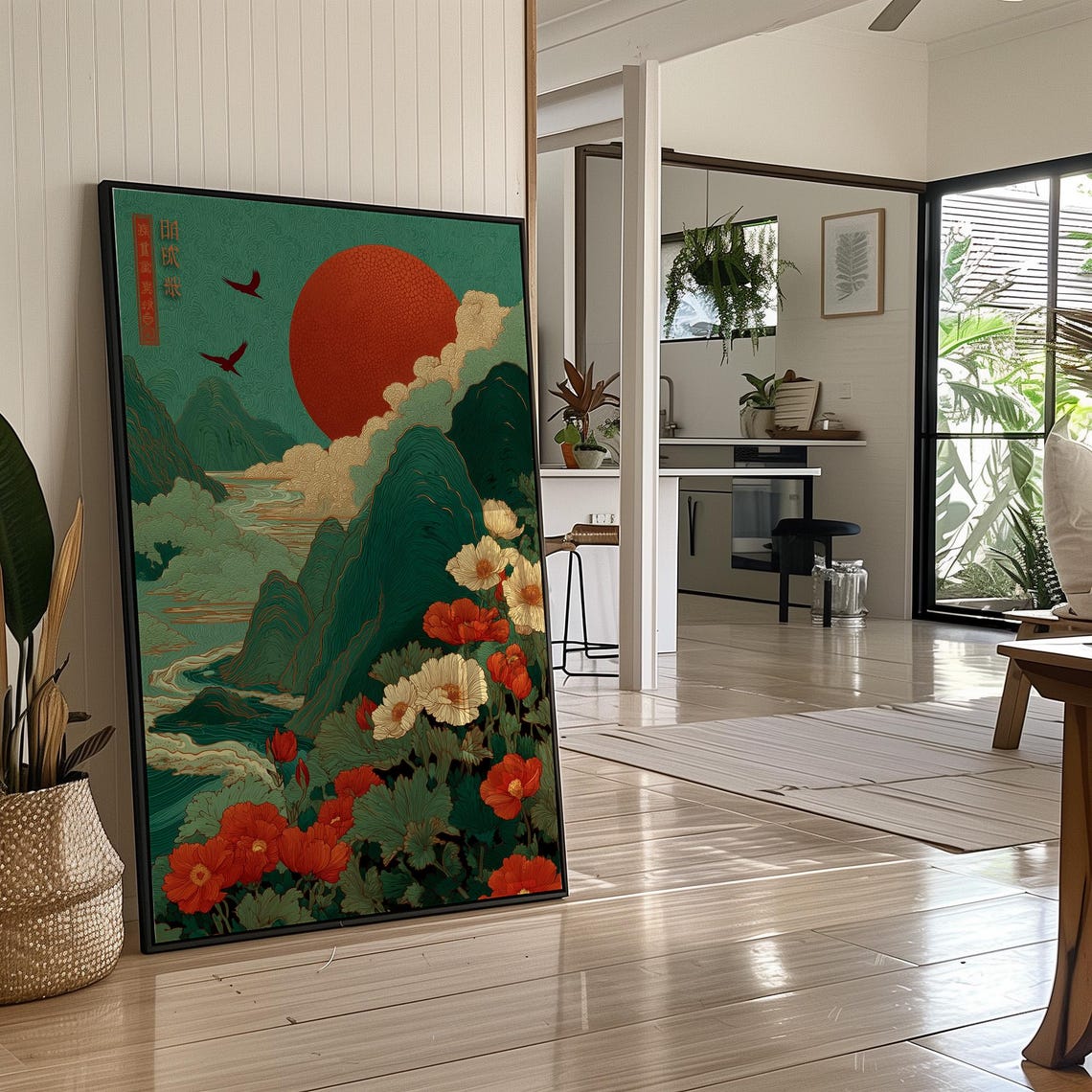 Crimson Sun Verdant Peaks Japanese Style Mountain Blossom Art Poster
