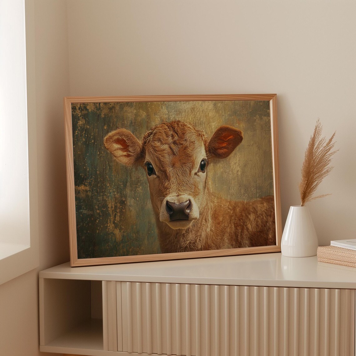 Cute Brown Calf Close Up Farm Animal Portrait Vintage Style Wall Art