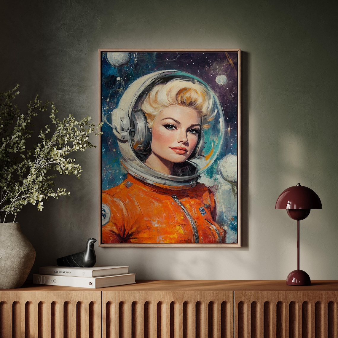 Retro Female Astronaut Portrait Orange Spacesuit Vintage Sci Fi Poster - Image 3