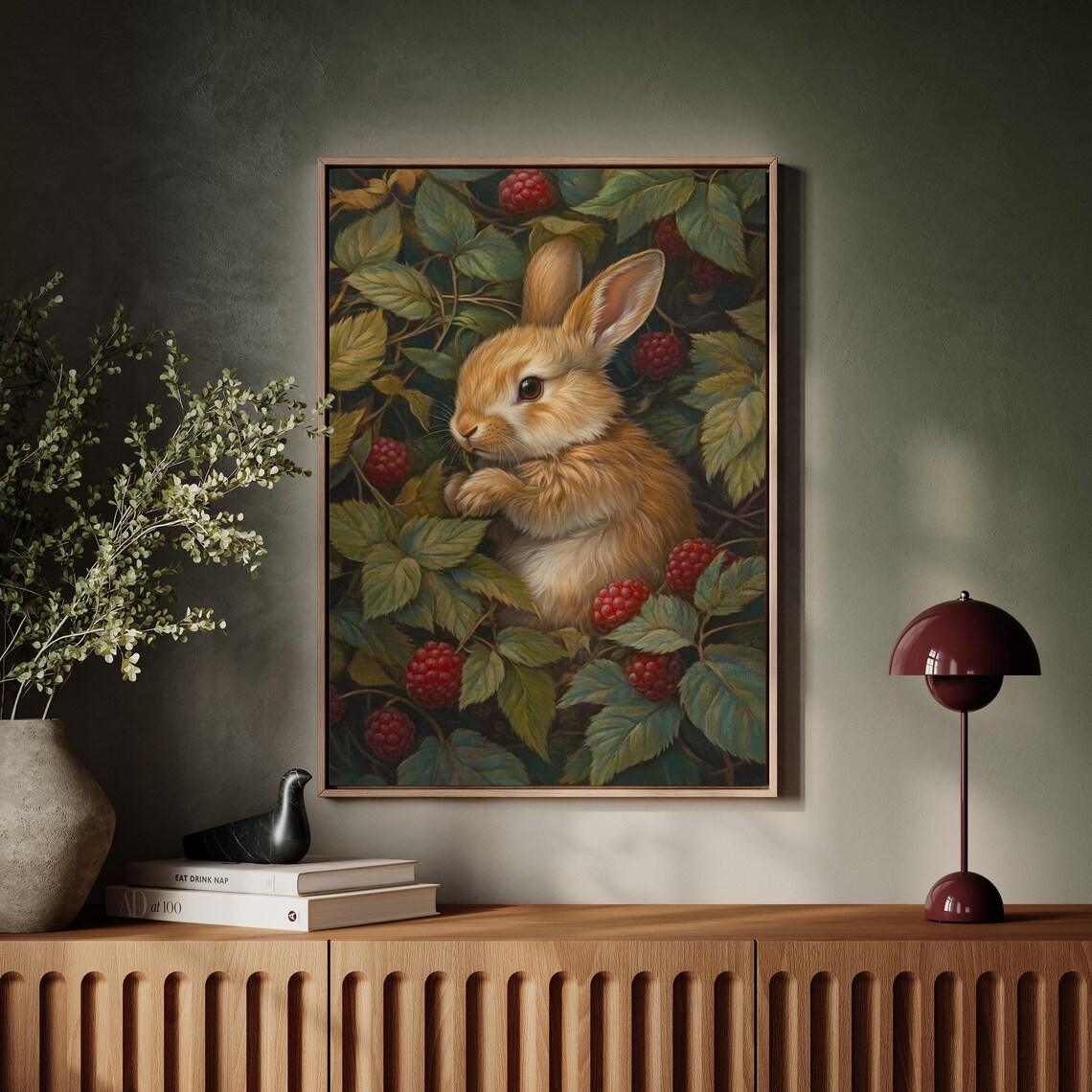 Adorable Bunny in Raspberry Bush Rustic Animal Art Print - Image 6