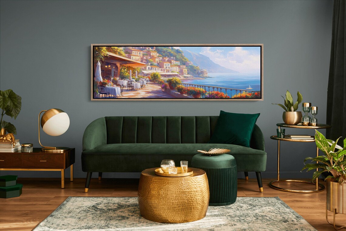 Italian Riviera Seaside Cafe Mediterranean Coastal Town View Poster - Image 2