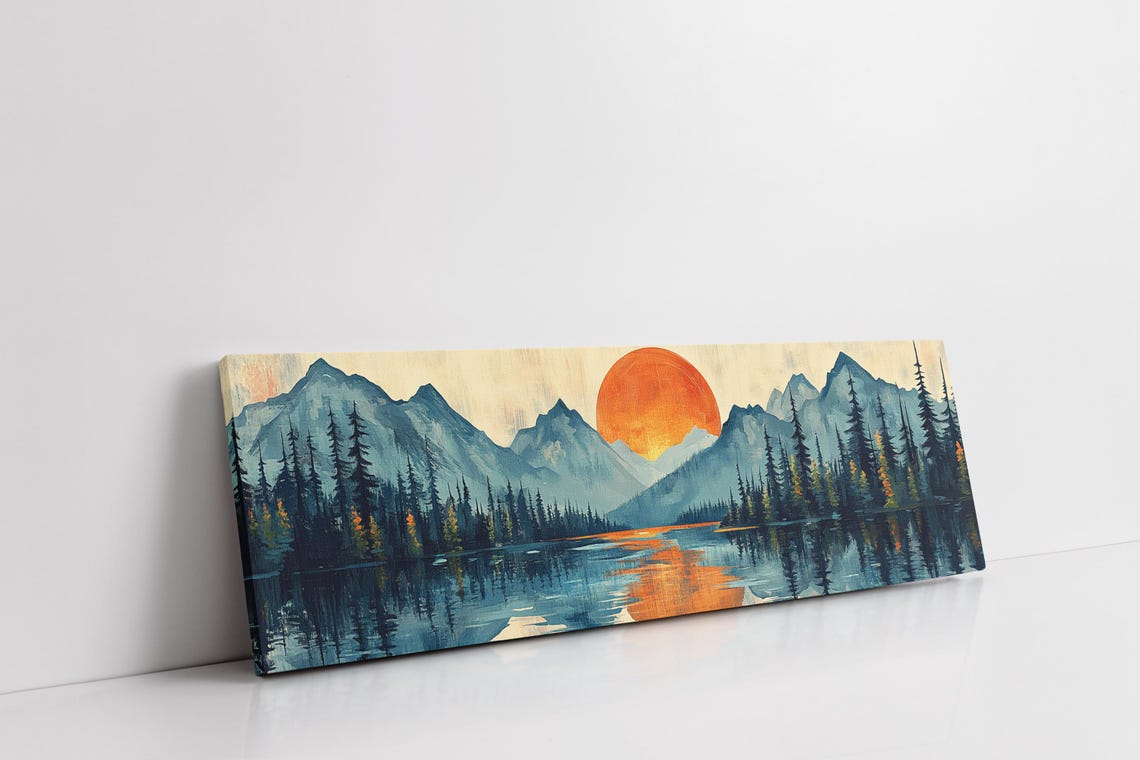 Vintage Sunrise Mountain Lake Orange Sun Reflection Pine Forest Poster - Image 7