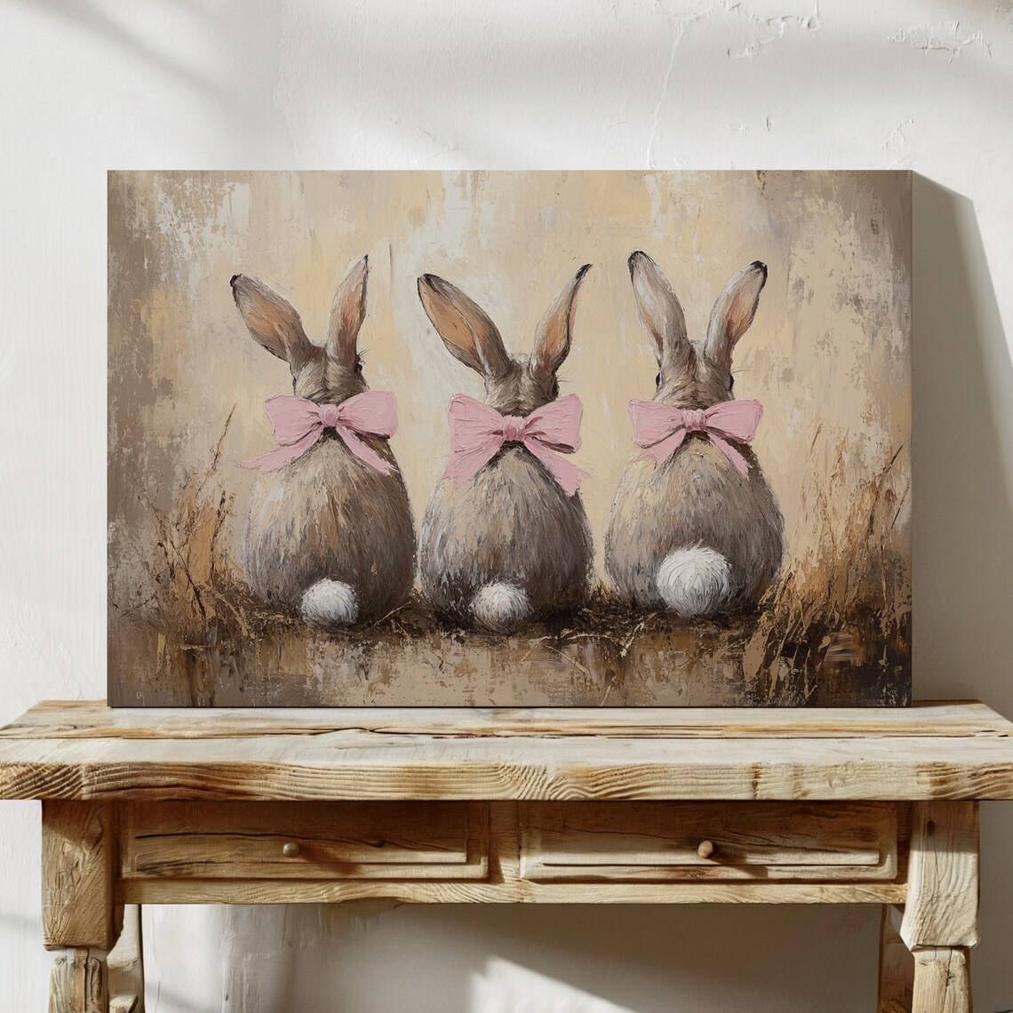 Three Bunnies With Pink Bows, Rustic Easter Art - Image 3