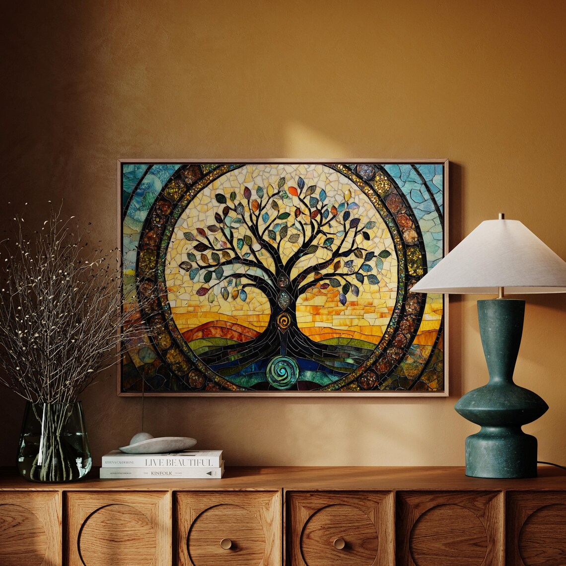 Stained Glass Tree Of Life Mosaic With Teal Border Sunset Poster - Image 6