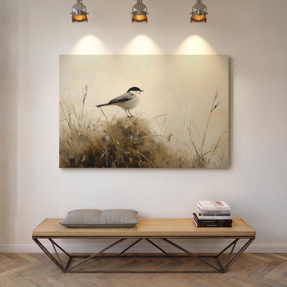 Small Bird Perched In Golden Grasses Minimalist Neutral Nature Poster - Image 7