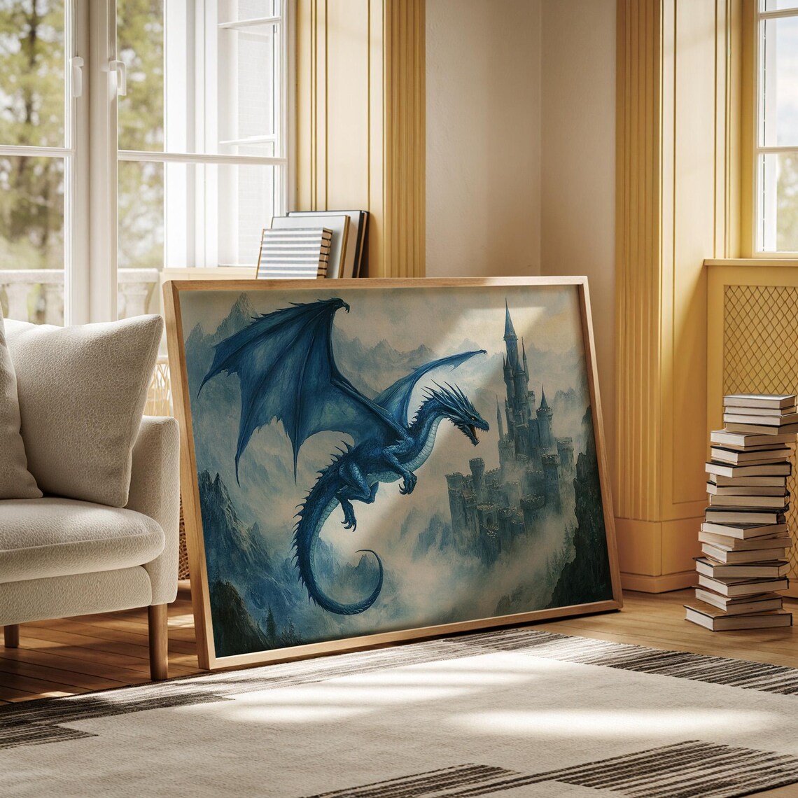 Epic Blue Dragon, Mystical Fantasy Castle Scene - Image 7