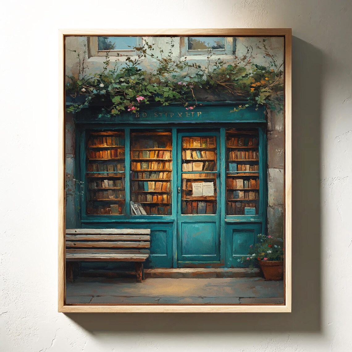 Vintage Teal Bookshop Poster With Climbing Plants And Glowing Shelves - Image 3