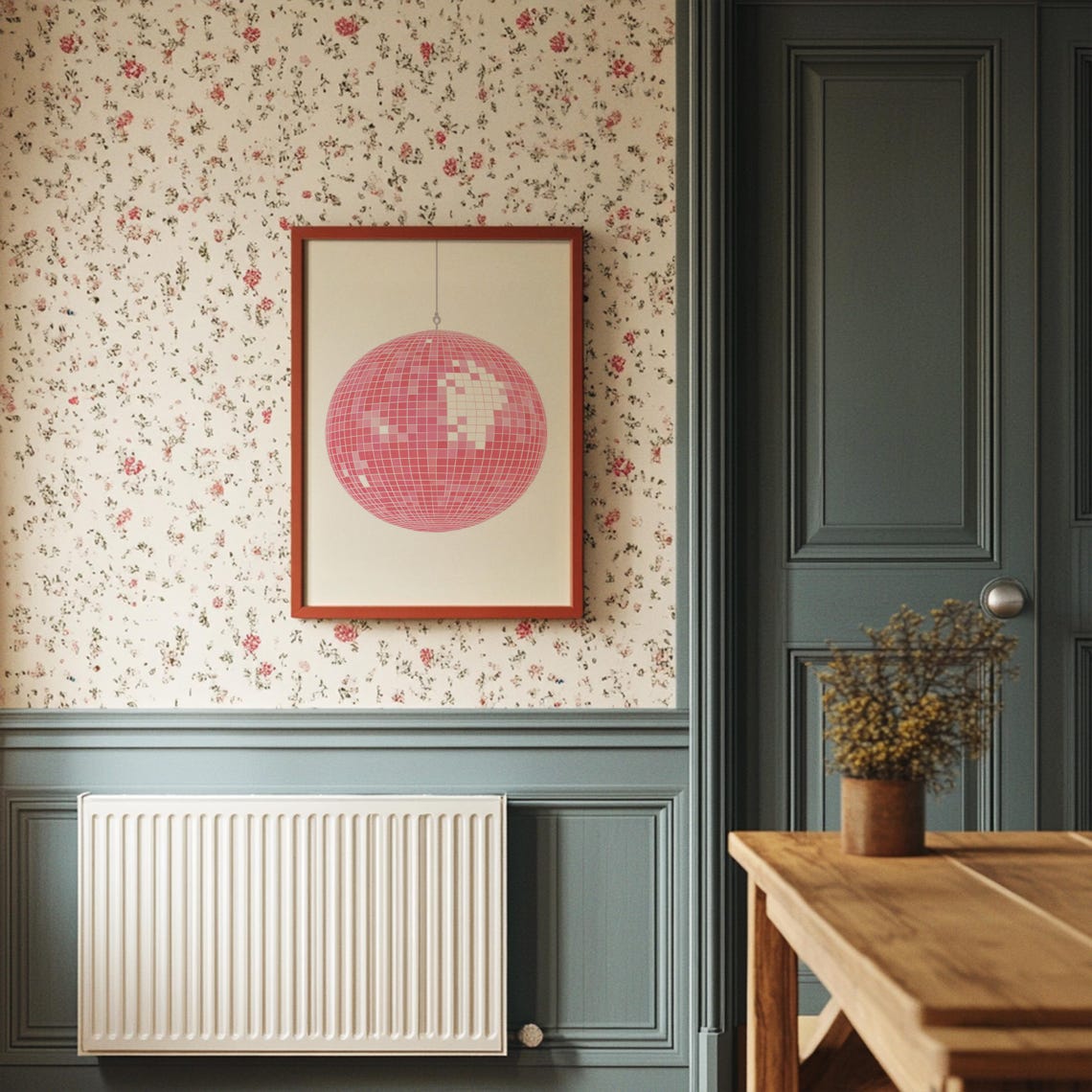 Pink Disco Ball Hanging Minimalist Retro Chic Statement Wall Art