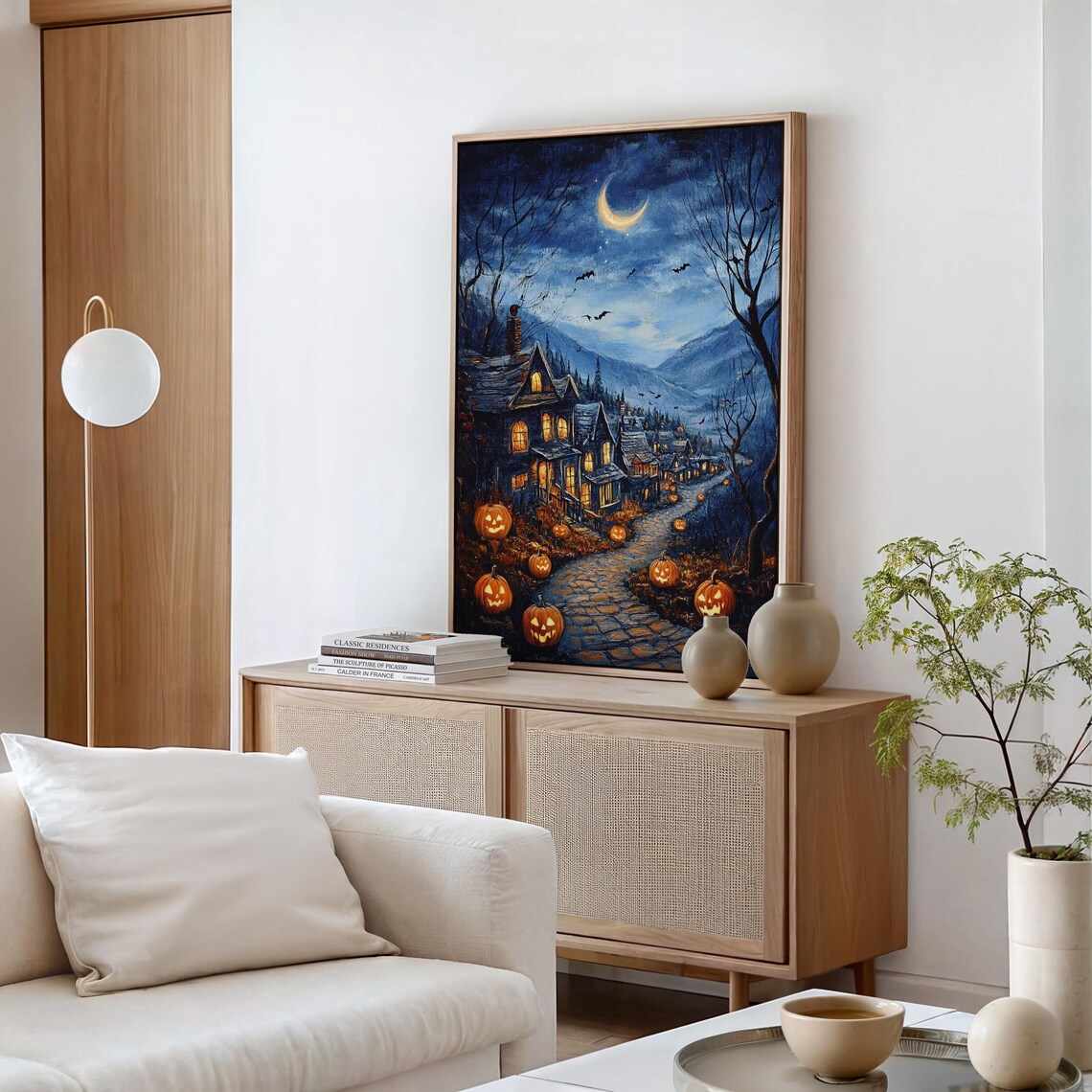 Spooky Halloween Night Haunted Houses Jack O Lanterns Crescent Moon Print - Image 2