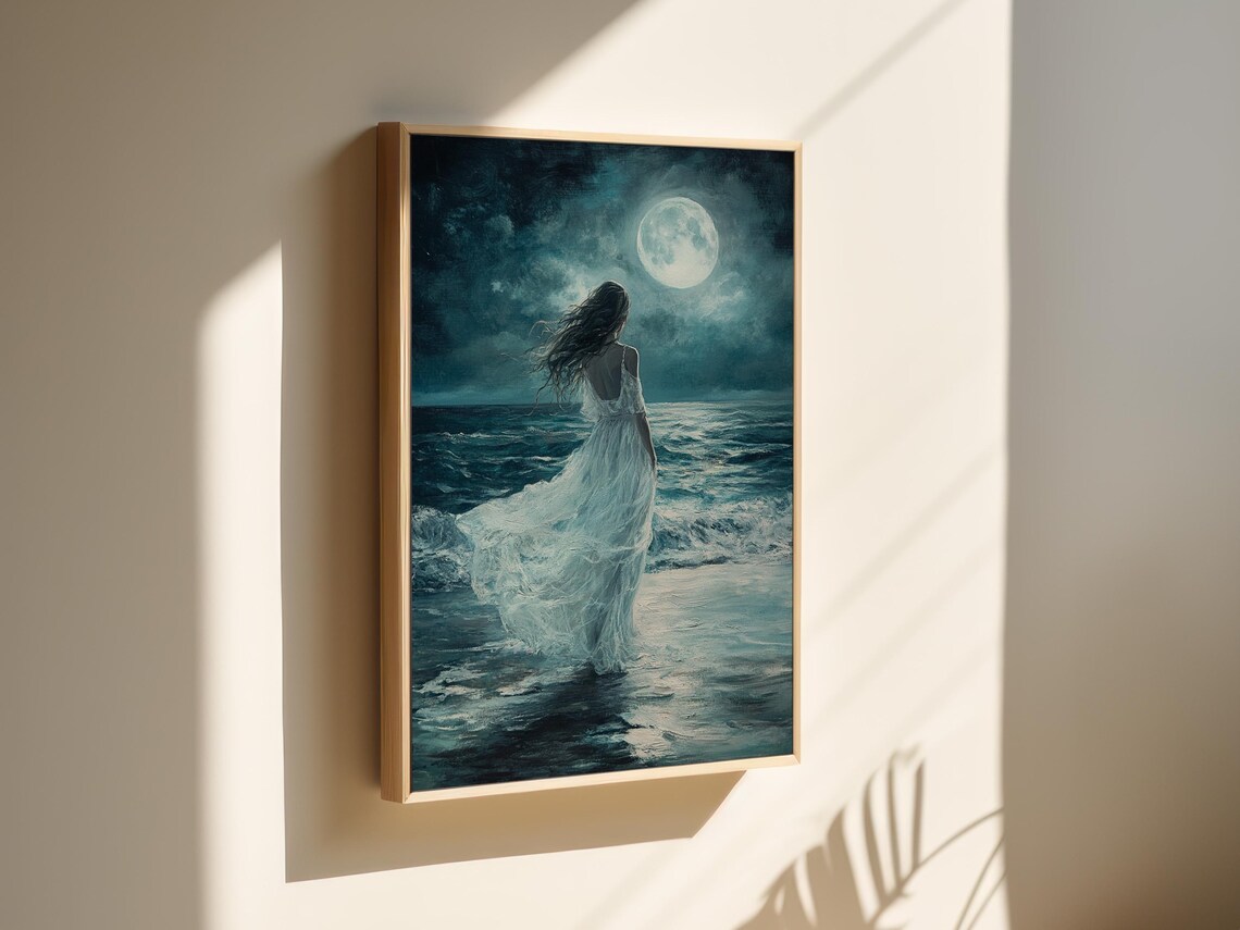Woman Walking into Moonlit Ocean Ethereal Night Seascape Art Print - Image 5