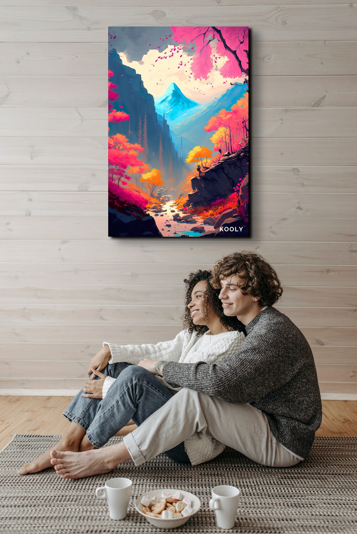Pink Blossom Mountain Valley Stream Anime Style Landscape Poster - Image 7