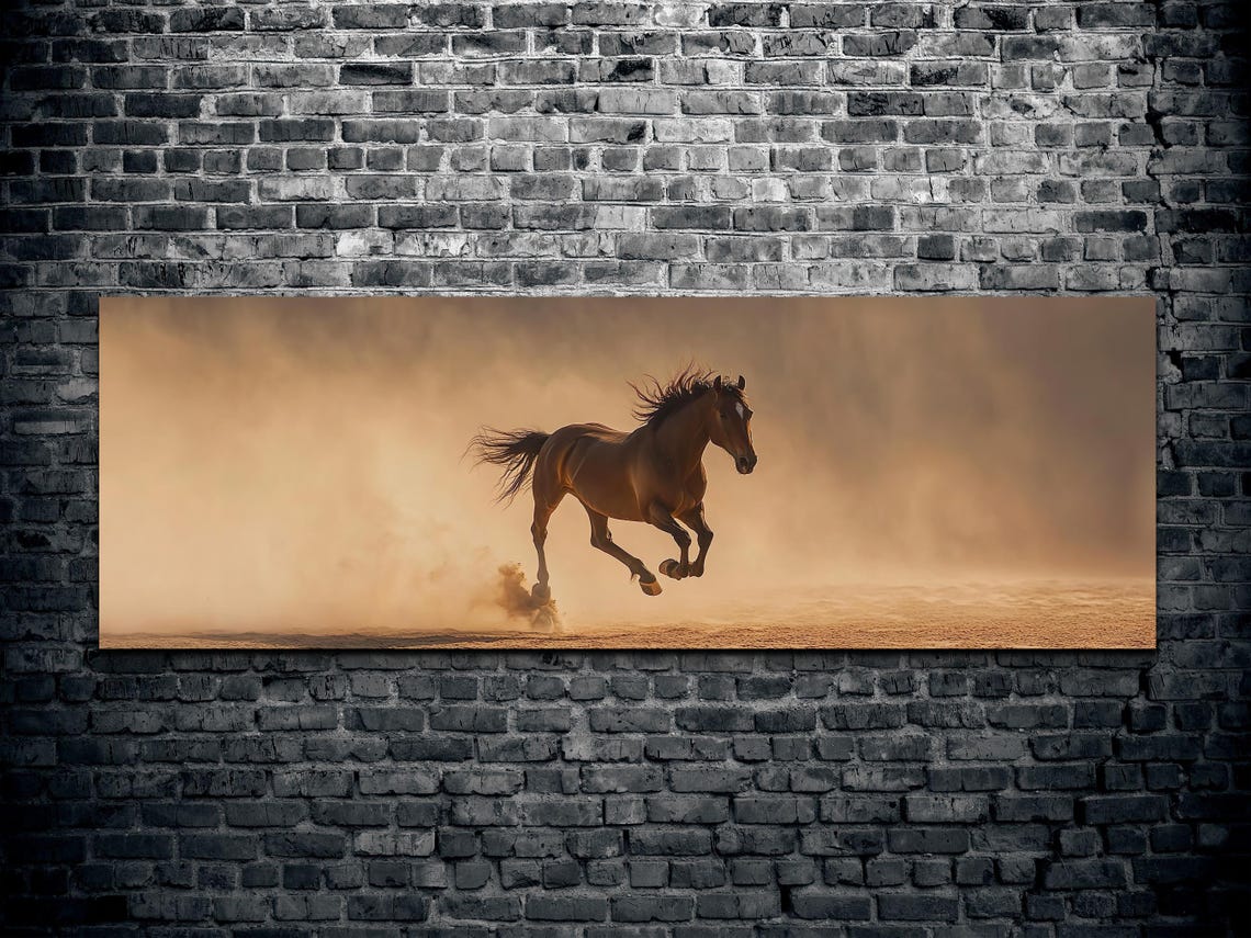 Chestnut Horse Galloping Through Golden Dust Panoramic Poster - Image 2