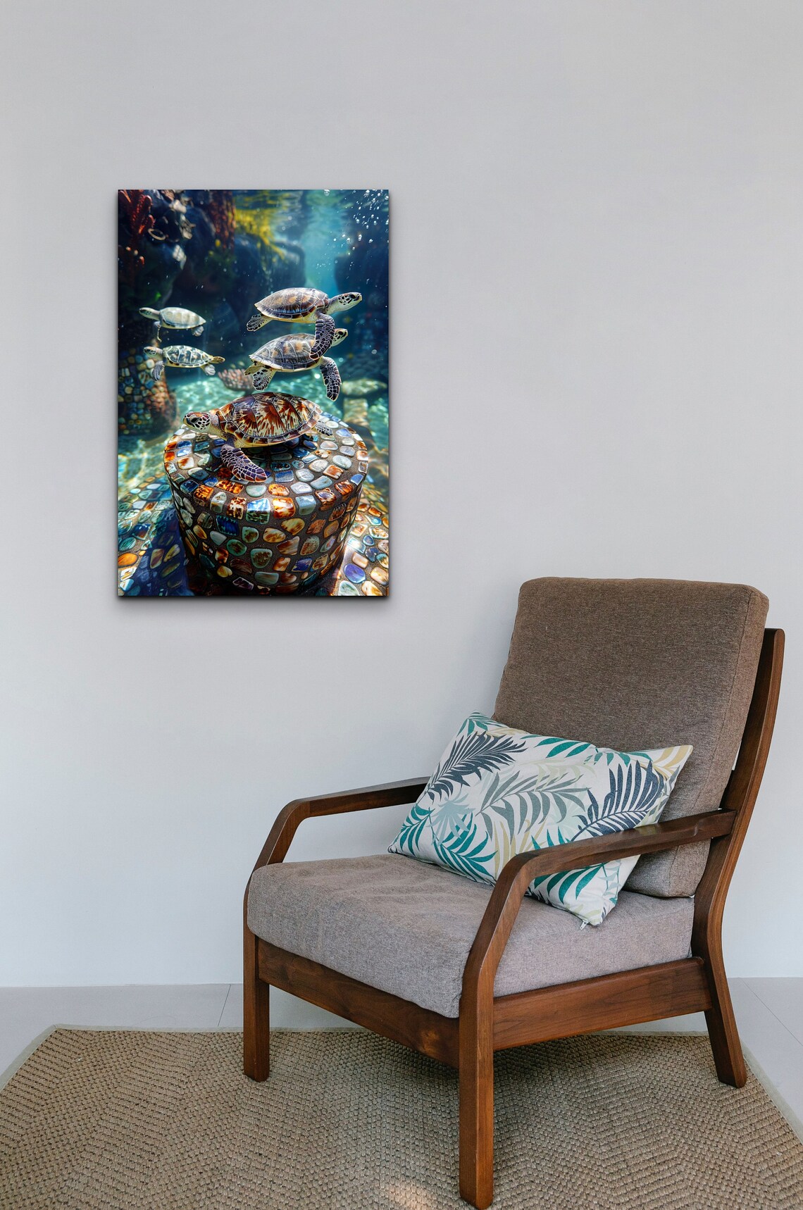 Sea Turtles Swimming Around Mosaic Underwater Column Wall Art - Image 3