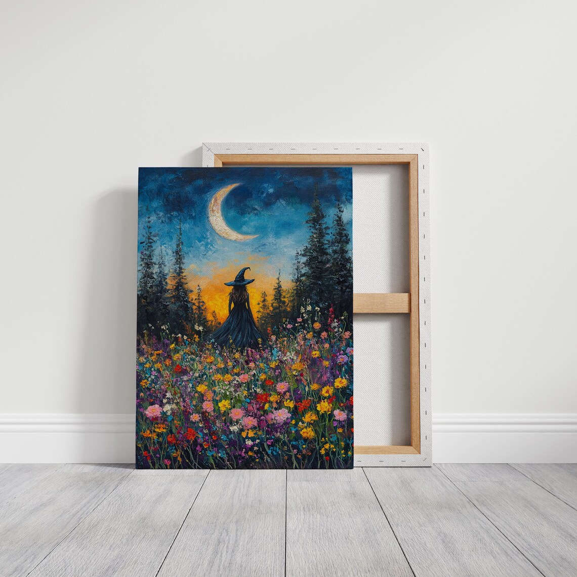 Witch Silhouette Crescent Moon Wildflower Field Enchanting Night Poster - Image 3