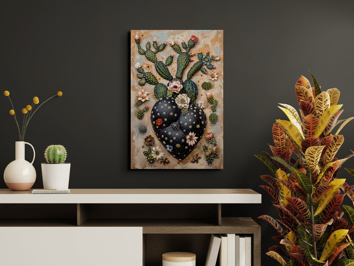 Heart Shaped Cactus With Blooming Flowers Southwestern Poster - Image 5