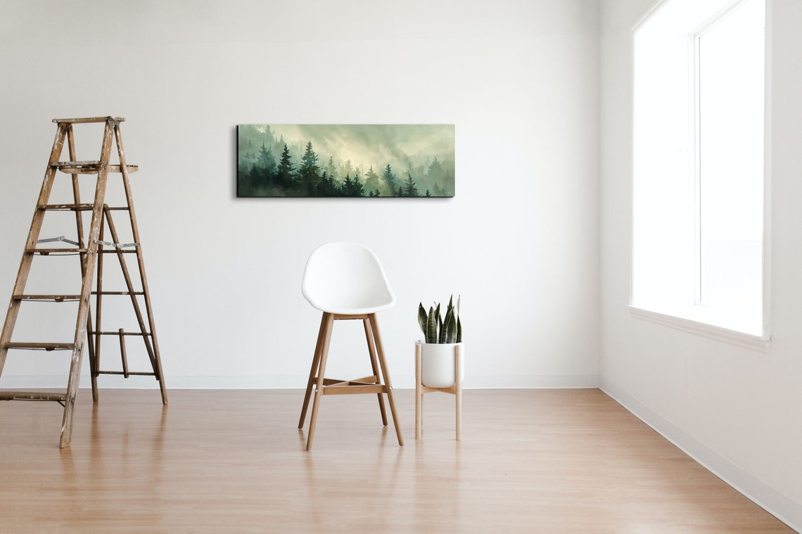 Morning Fog Rolling Over a Misty Pine Forest Panoramic Wall Art - Image 4