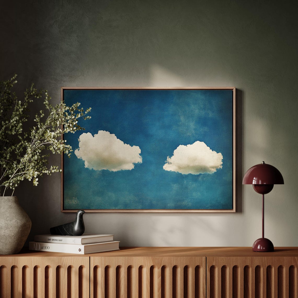 Rustic Two Cloud Cloudscape On Distressed Teal Blue Sky Art Poster - Image 5