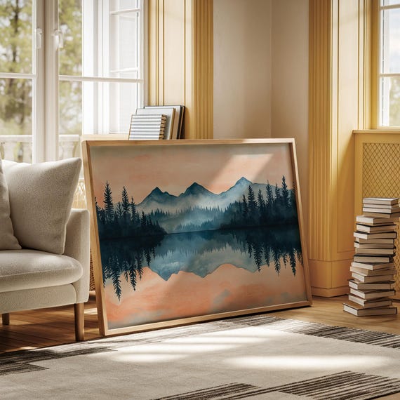 Mountain Lake Reflection Canvas Wall Art Watercolor Forest Landscape Painting Nature Print For Rustic Cabin Lodge Or Modern Dcor