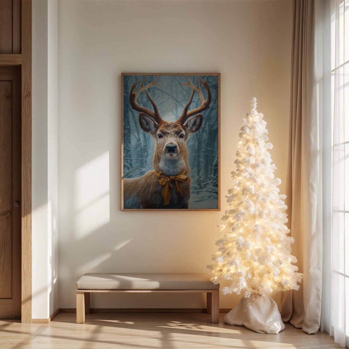 Winter Stag With Golden Ribbon in Snowy Forest Christmas Poster