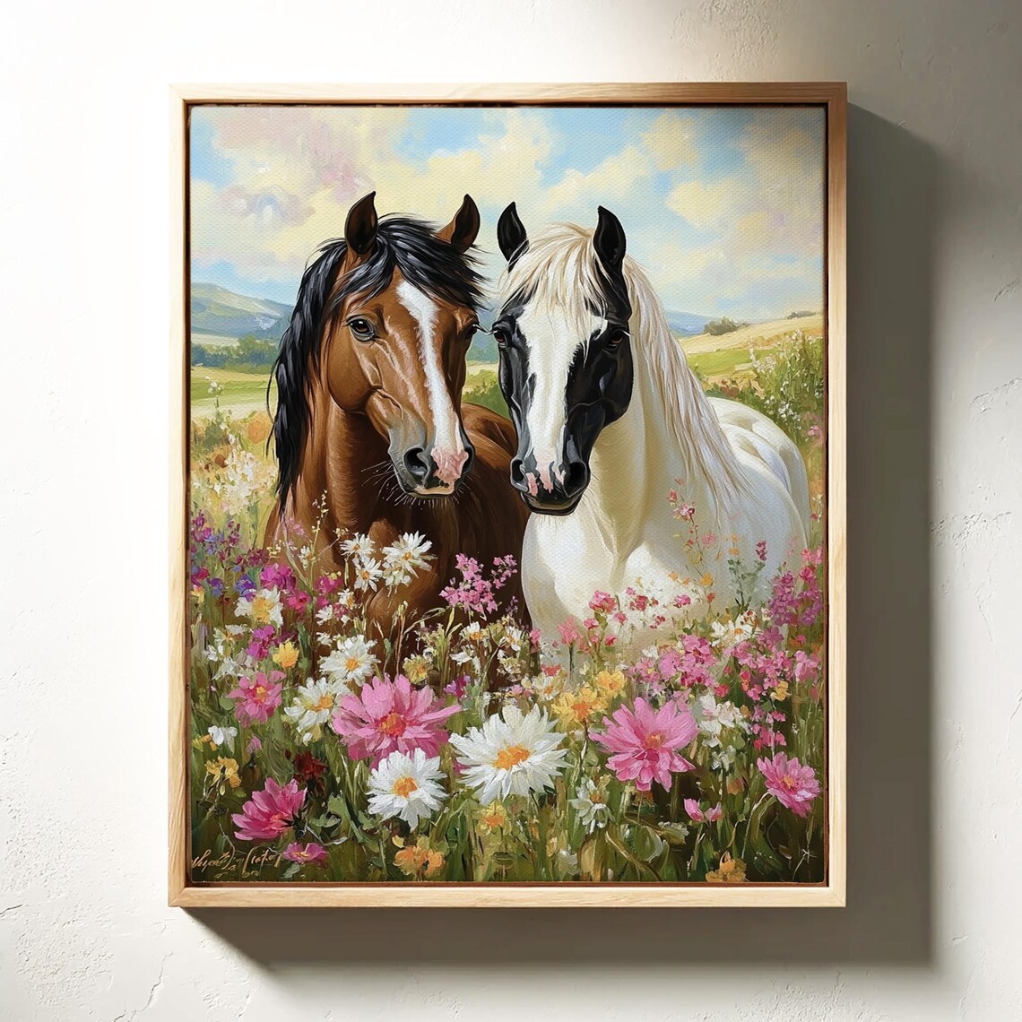 Two Horses Side by Side in Blooming Wildflower Meadow Close-Up Poster - Image 4