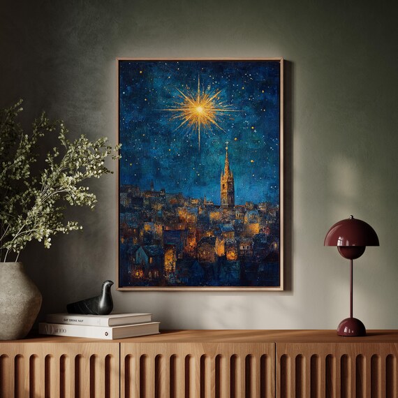 Star Of Bethlehem Over City Christmas Nativity Wall Art Luminous Starry Night Scene Christian Holiday Religious Decor