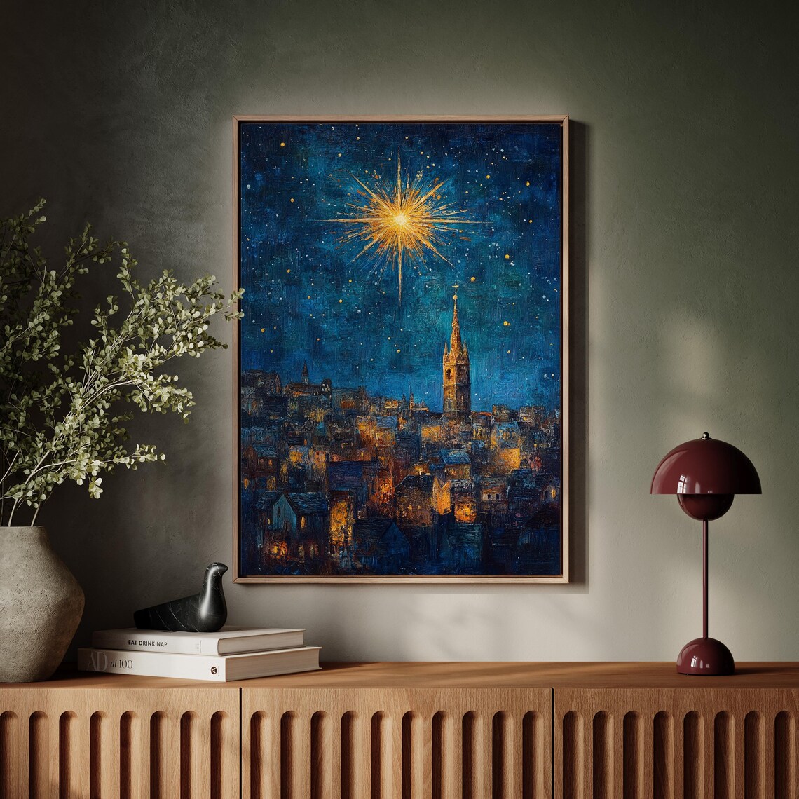 Star of Bethlehem Over Old City Church Tower Night Sky Christmas Poster