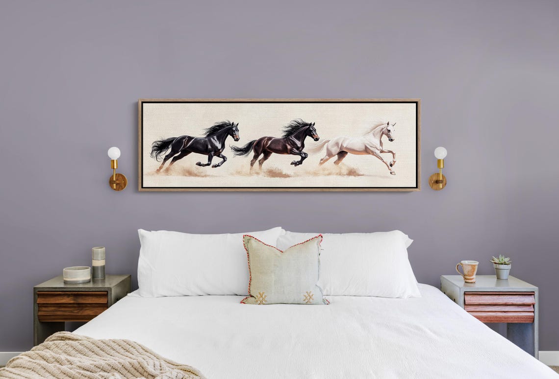 Three Galloping Horses Black Bay And White Classic Panoramic Art Print