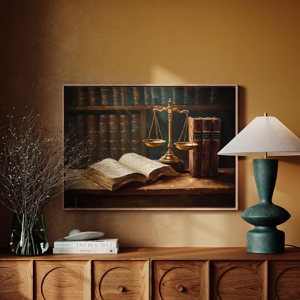Scales Of Justice Law Office Decor Vintage Legal Books Painting - Image 4